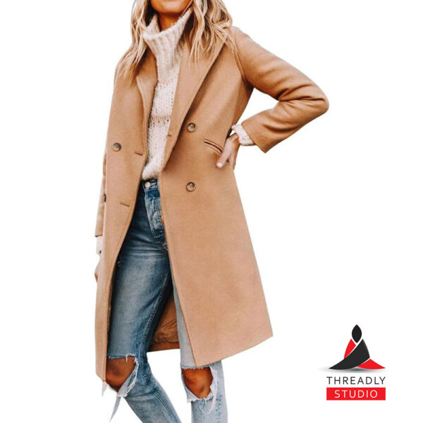 Women’s Double-Breasted Wool Blend Pea Coat – Long Winter Jacket with Notched Lapel