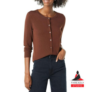 Women’s 100% Pure Cashmere Crew Neck Cardigan – Button Front Long Sleeve Sweater